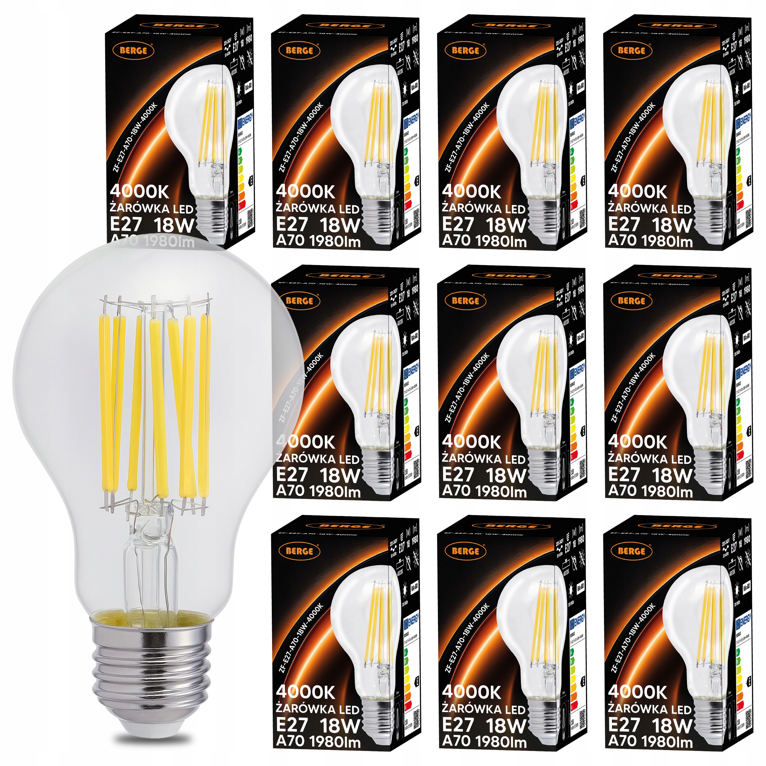 Żarówka Led E27 18W 150W 1980lm 4000K Neutralna Filament A70 Zestaw 10x