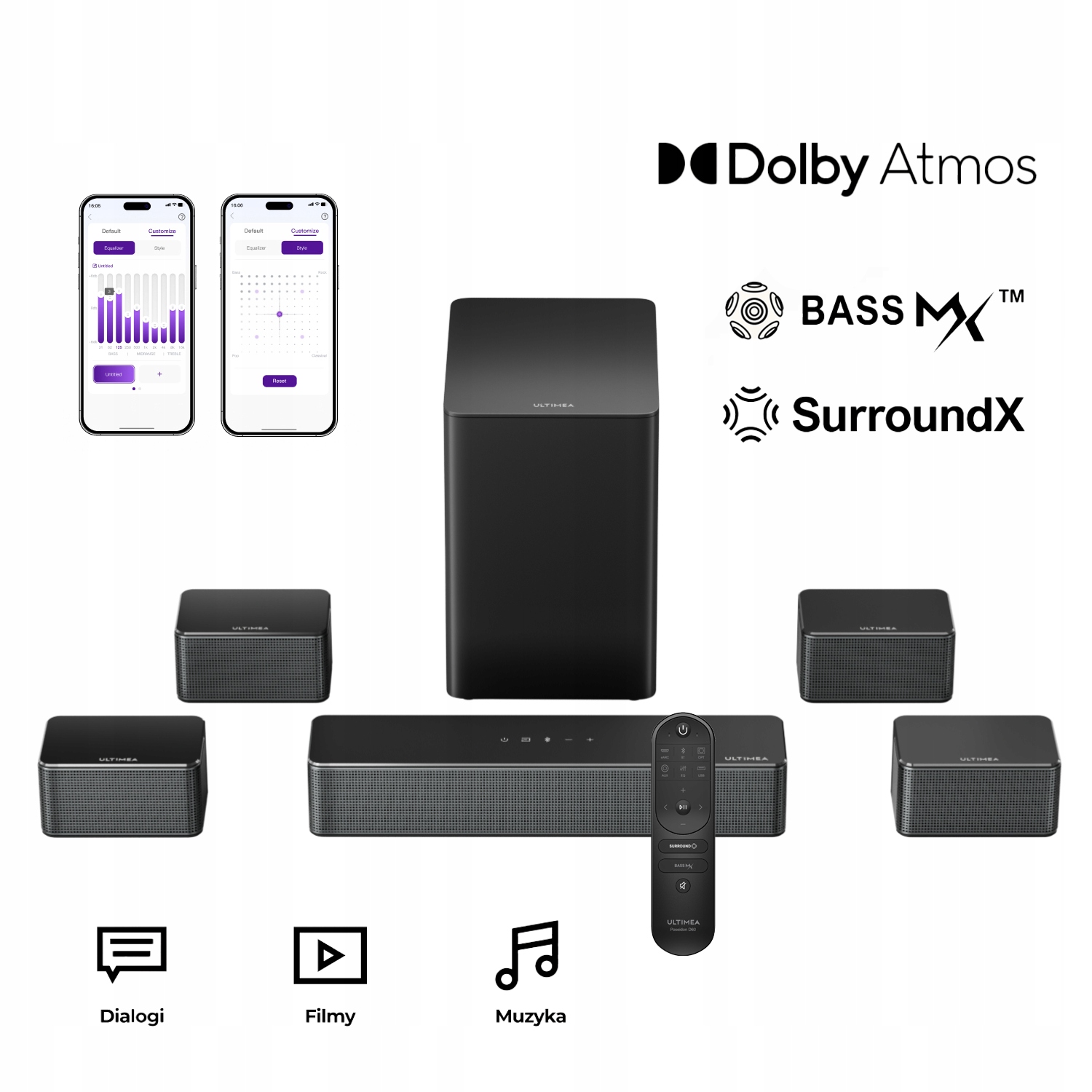 Soundbar Ultimea Poseidon D80 Boom 7.1kanálový Dolby Atmos, Tv 500W