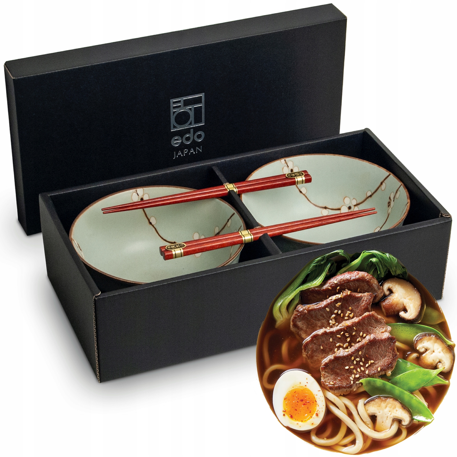 Sada keramických zelených misek 17 cm na polévku Udon s tyčinkami Hana Green