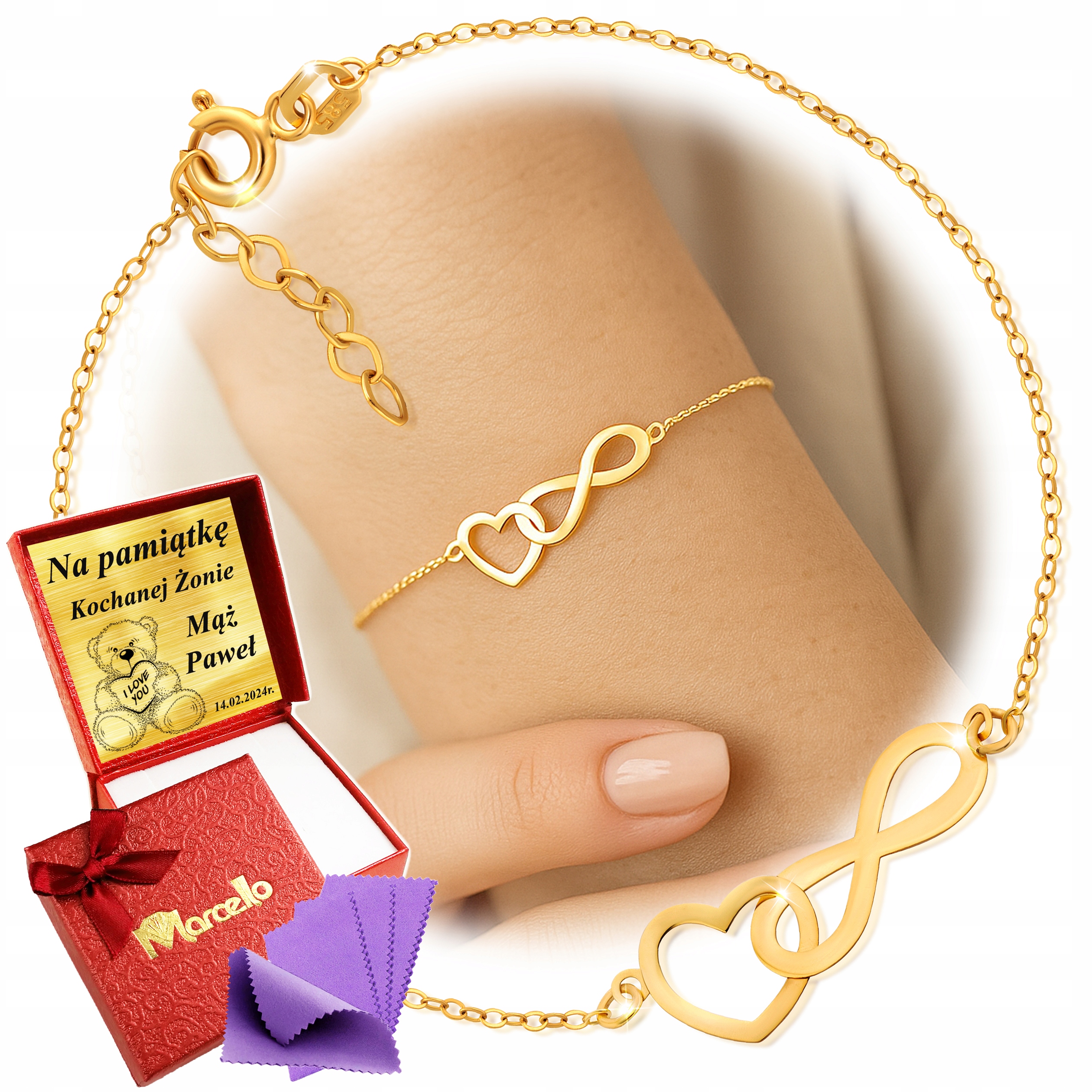 Złota Bransoletka 585 Damska Celebrytka Na Rękę Serce Nieskończoność Grawer