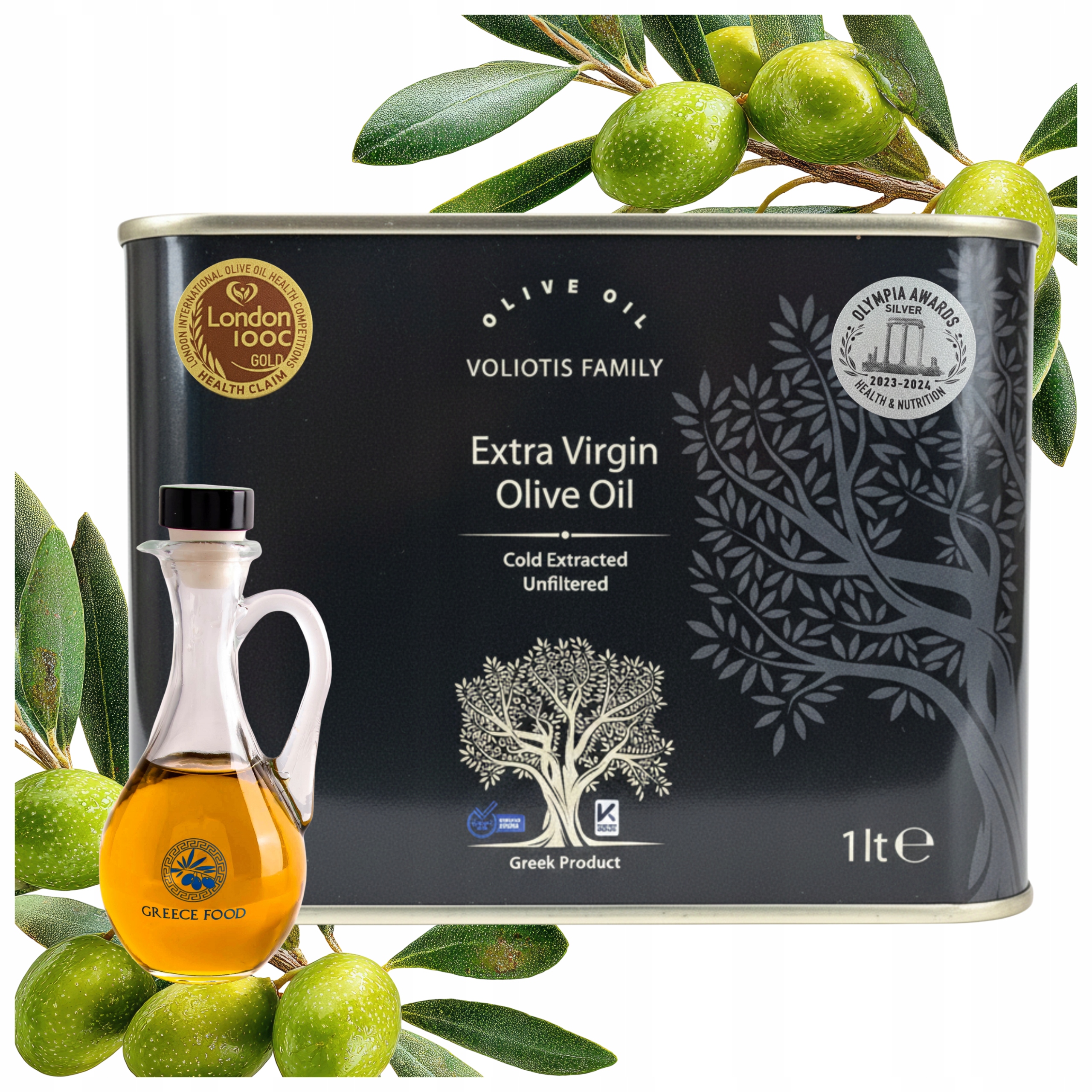 Levně Extra Panenský Olivový Olej 1L Řecký Nefiltrovaný Voliotis Láhev Bonus