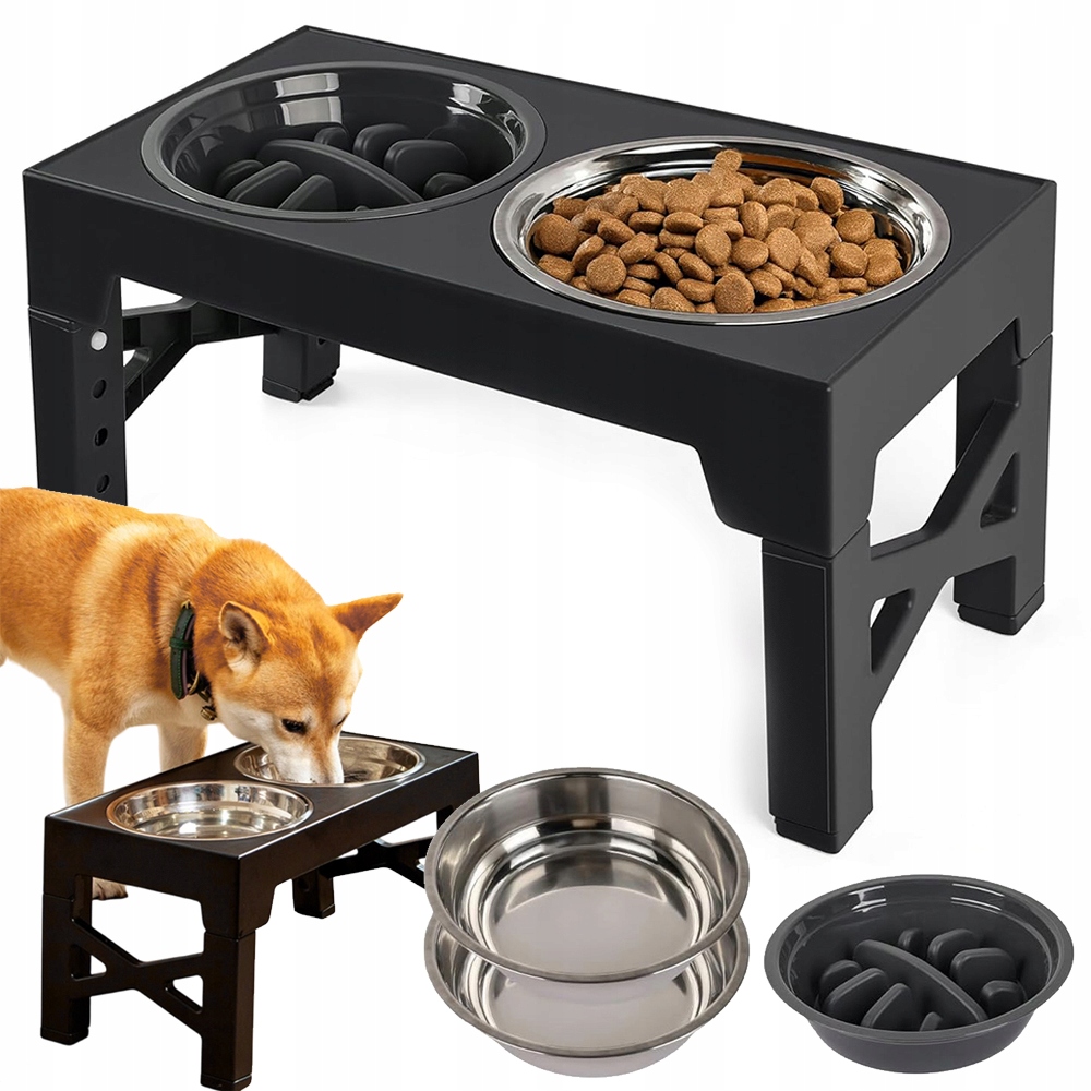 Levně Miska Pro Psa Na Stojanu, Dvojitá, Nastavitelná, Zpomalovací Miska