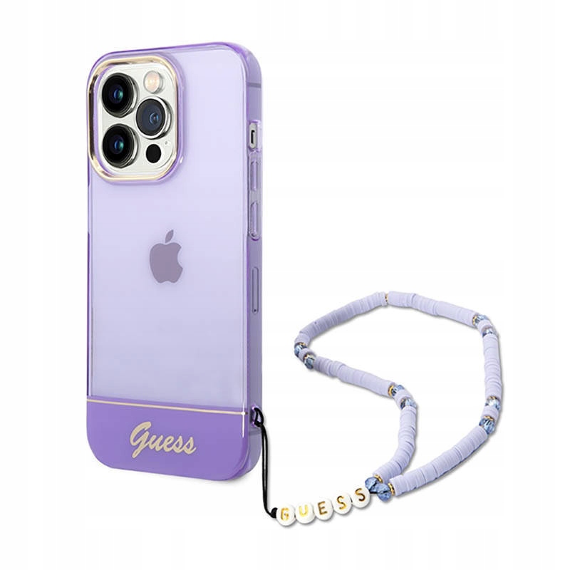Pouzdro pro iPhone 14 Pro Guess Translucent Pearl Strap fialové
