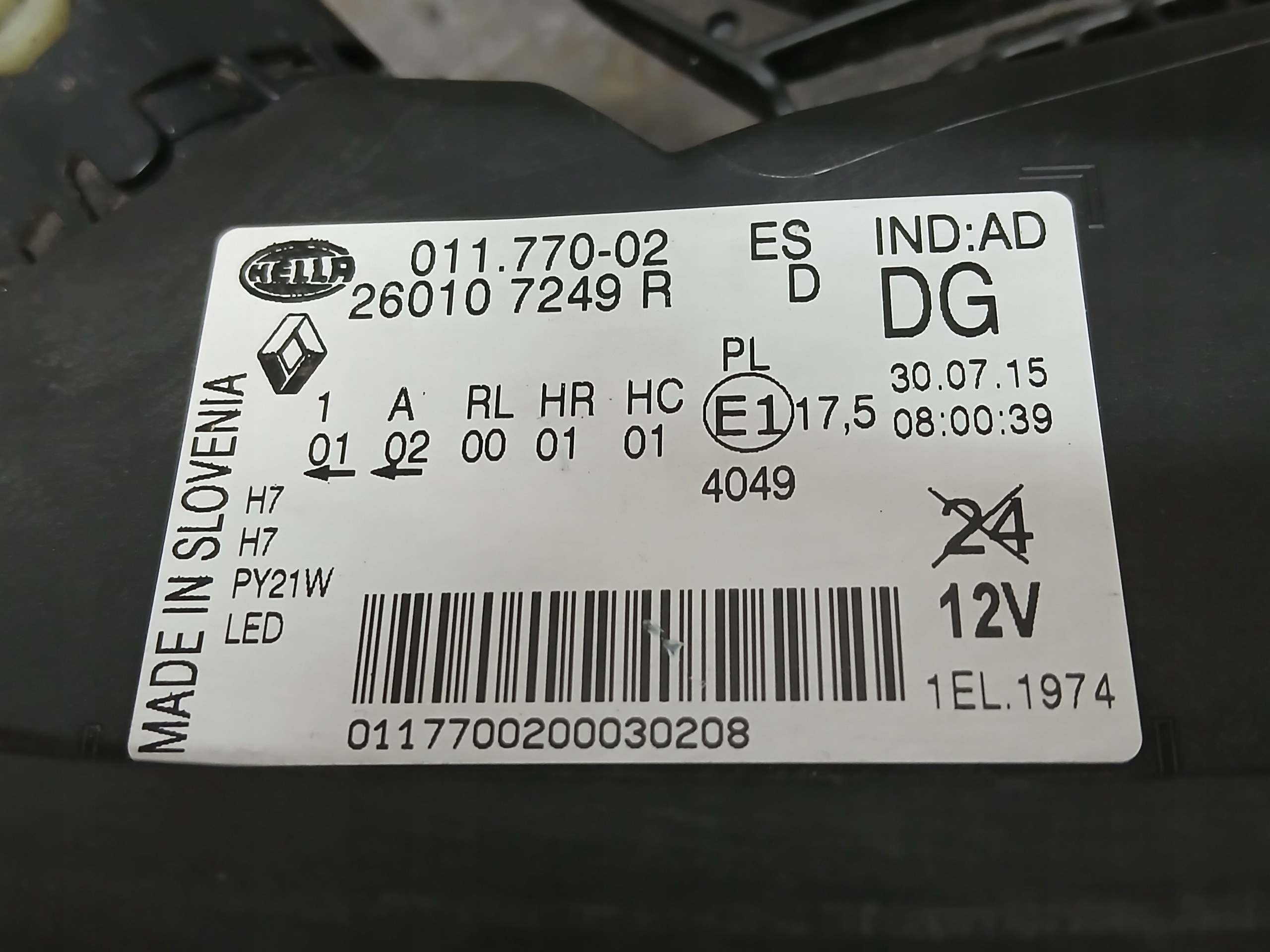 light front right RENAULT KADJAR lens LED 260107249R