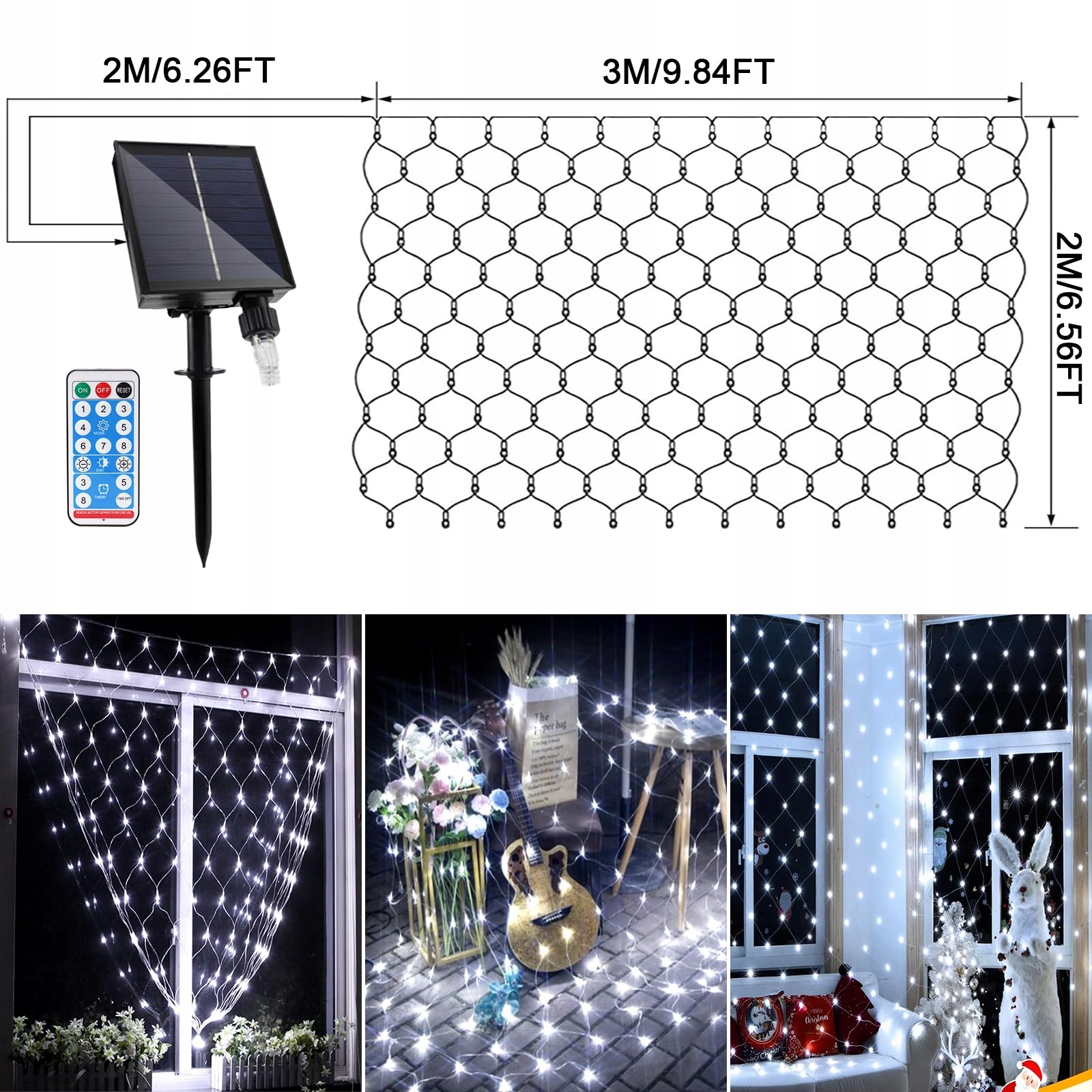 WOSKJXAS Lampki Solarne Zewnętrzne Girlanda Siatka Świetlna 192 LED 2x3M — miniatura 6