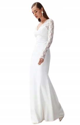 Trendyol Bílá Svatební Šaty S Dlouhými Krajkovými Rukávy 40 5_B