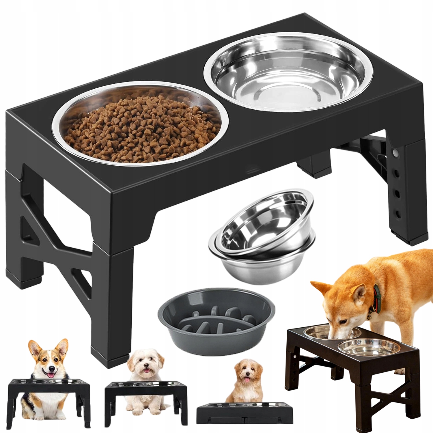 Levně Dvojitá Miska Proti Stříkající Vodě Ocelová S Nastavitelným Stojanem