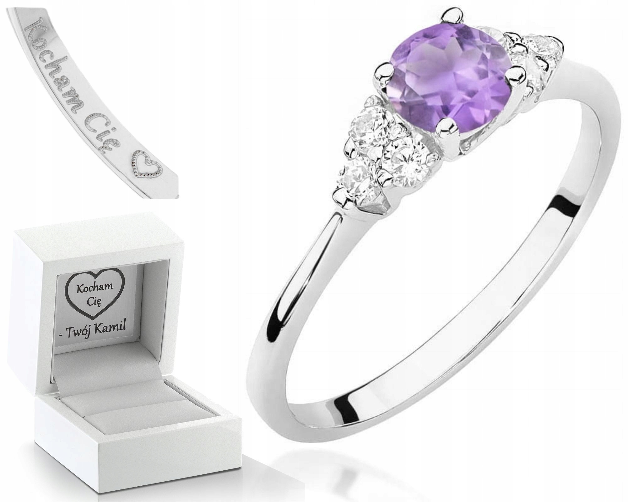 Zásnubní Prstýnek Ametyst Bílé Zlato Diamanty Gravírování 585 Dárek