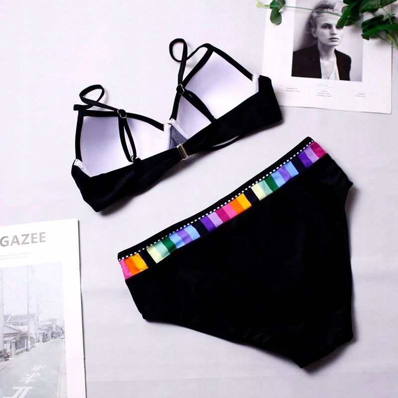 STRÓJ KĄPIELOWY CZARNY KOLOROWE WSTAWKI PUSH UP L Wzór dominujący bez wzoru