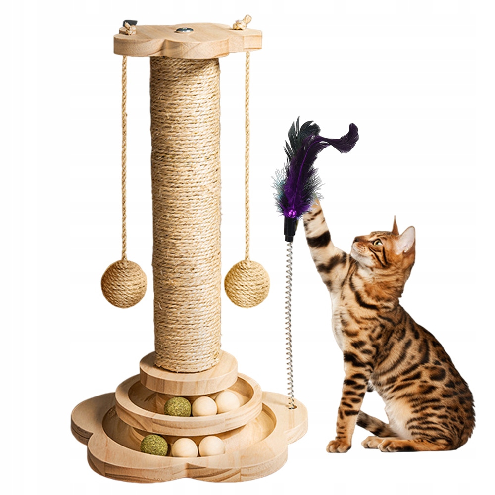 Levně Škrabadlo Pro Kočky S Kuličkami Na Stojáncích Z Přírodního Dřeva A Štěpky