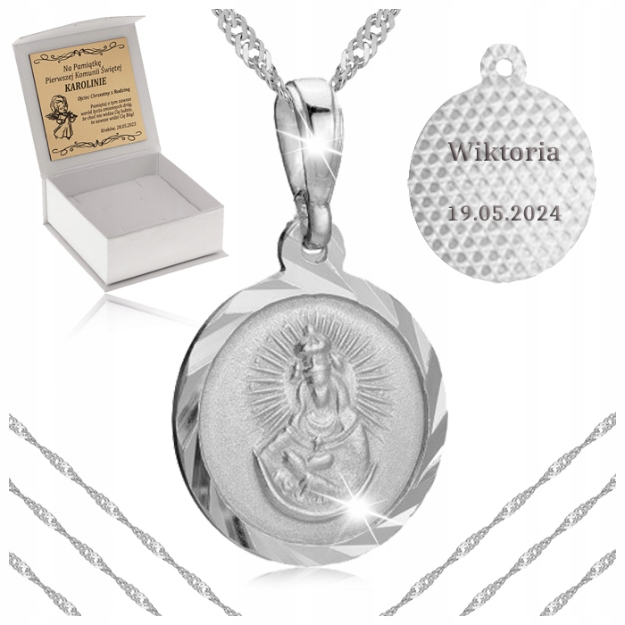 SREBRNY ŁAŃCUSZEK SINGAPUR + MEDALIK 925 MATKA BOSKA OSTROBRAMSKA + GRAWER