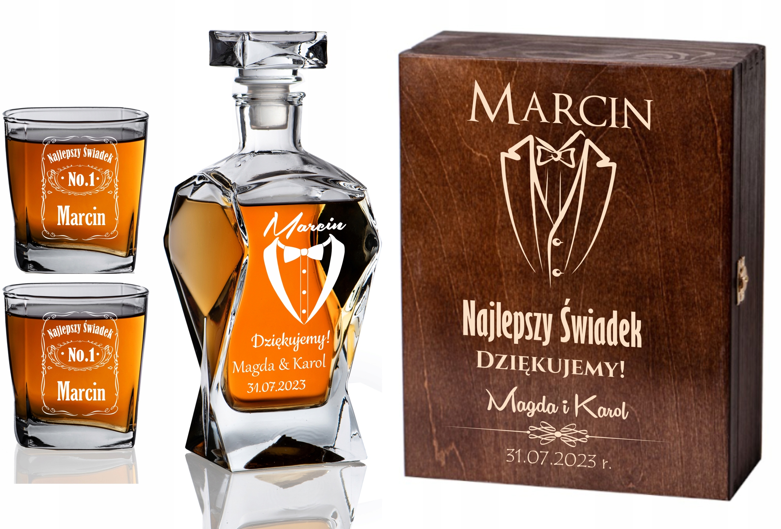 SKRZYNKA KARAFKA SZKLANKI DLA ŚWIADKA Z GRAWEREM