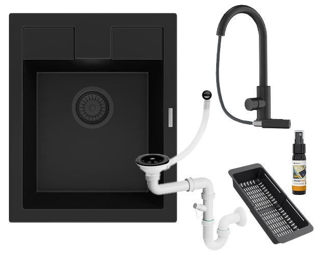Granitový dřez Best černý, sada baterií Loseto, odkapávač, sifon