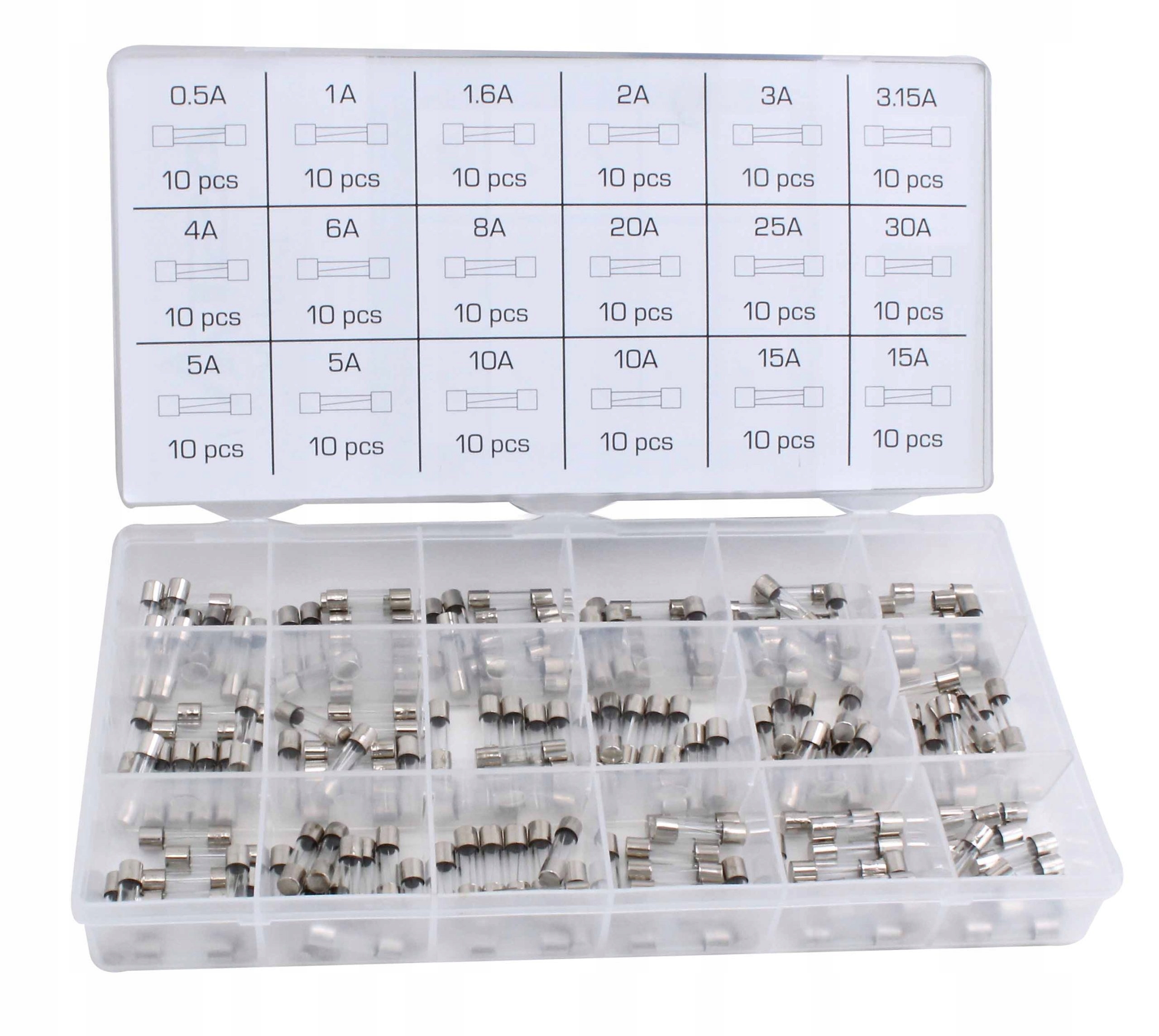 ZESTAW BEZPIECZNIKÓW SZKLANYCH 5x20MM 0,5-30A 180