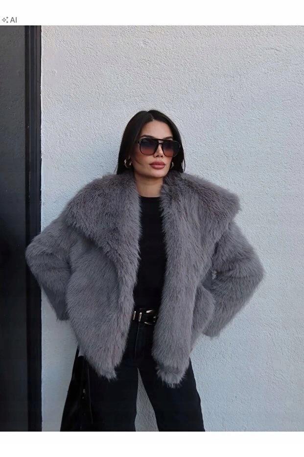 Měkký Šedý Kožešinový Kabát, Krátký, Elegantní, M 5IA
