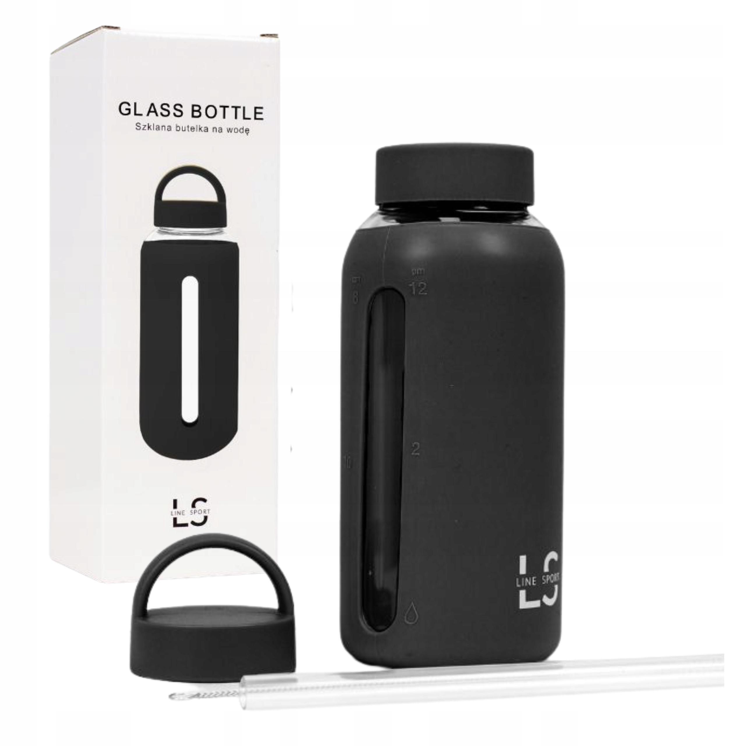 Láhev Na Vodu Skleněná Linesport S Víčkem S Uchem A Brčkem 800ML Černá