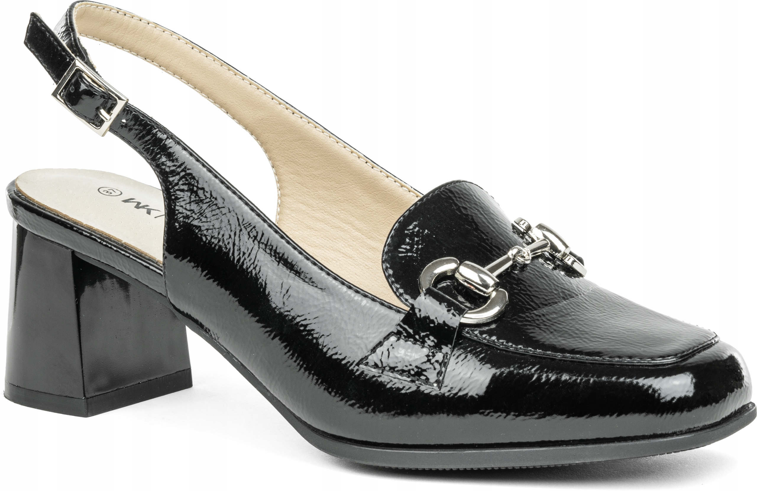 Černé lodičky bez podpatku, lakované, vč. kůže, stříbrné ozdoby, velikost 40