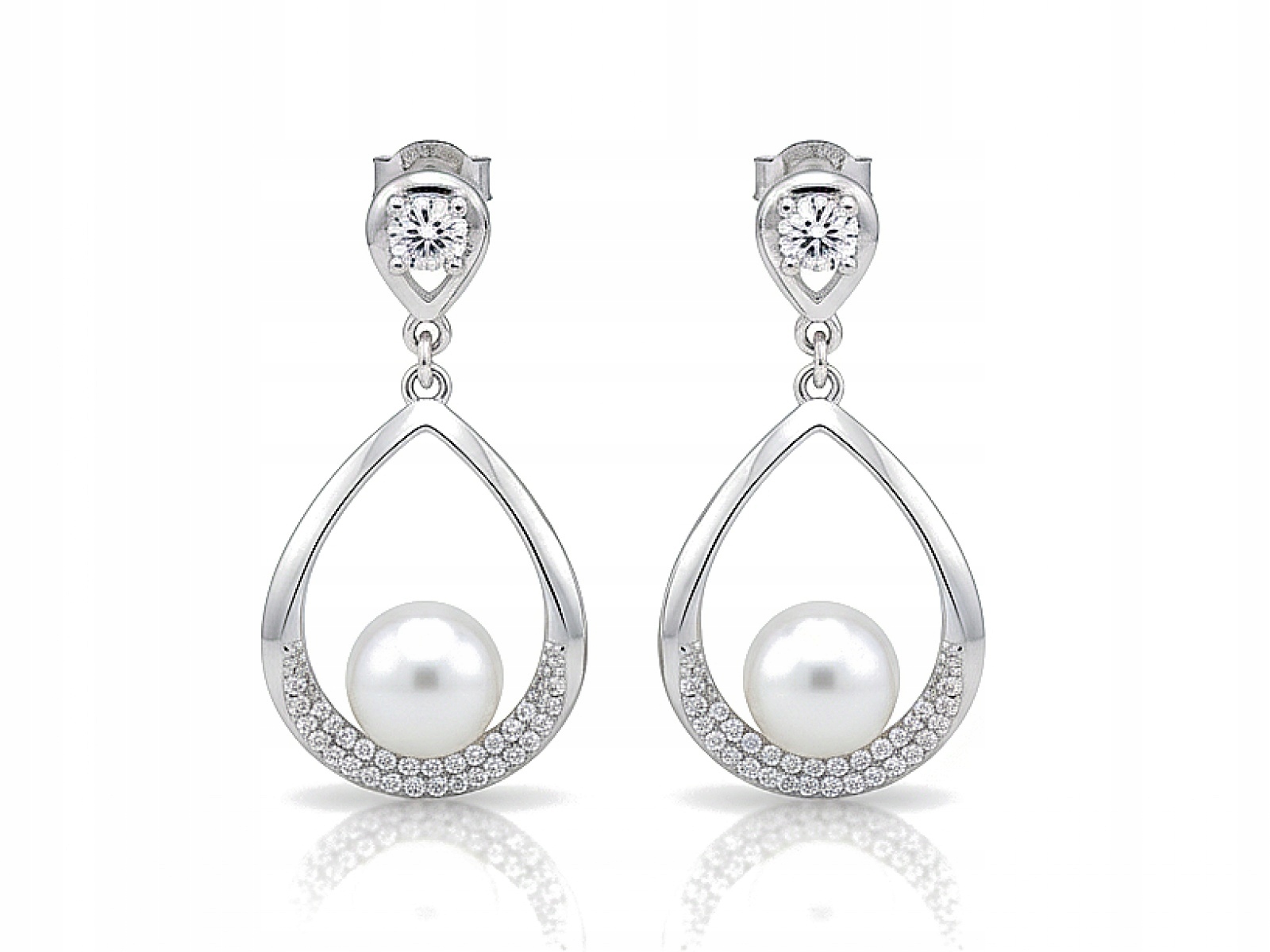 Stříbrné náušnice pro ženu 925 Kapka s perlou a zirkony, elegantní