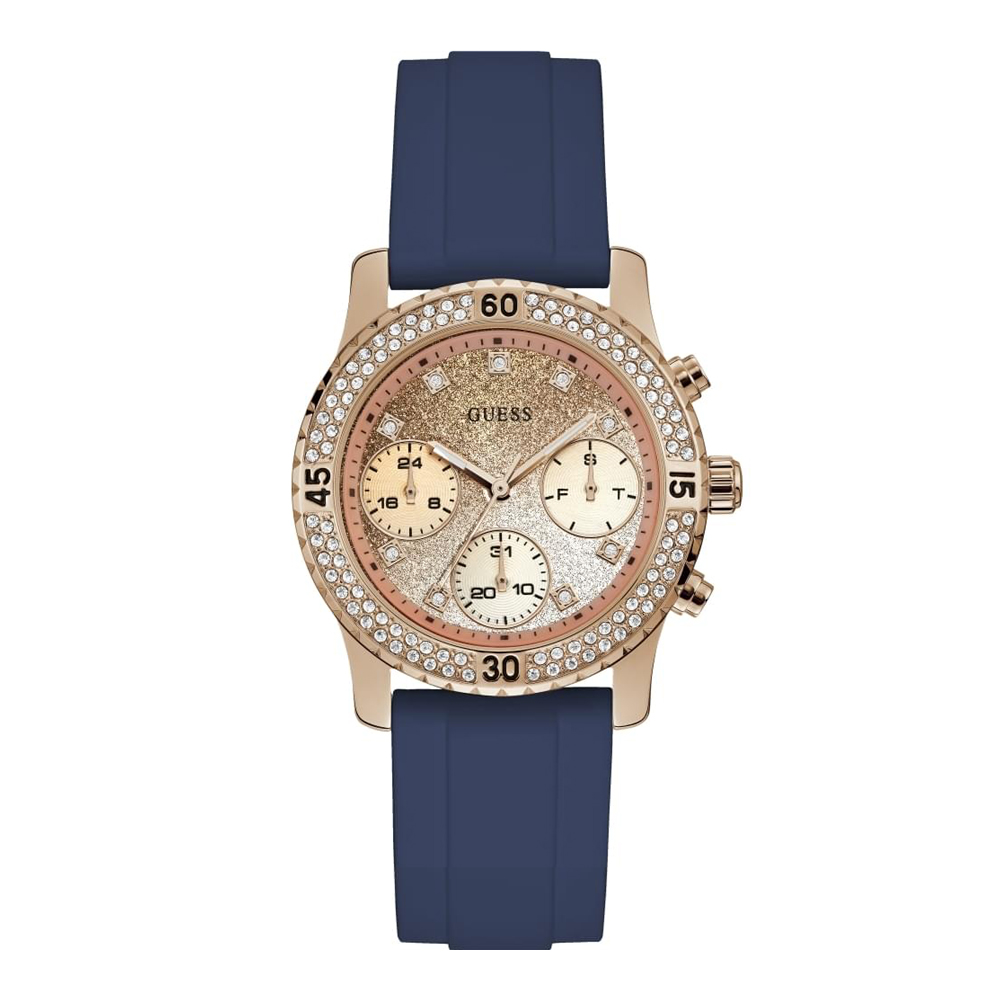 Guess dámské hodinky W1098L6 růžové zlato na tmavě modrém řemínku