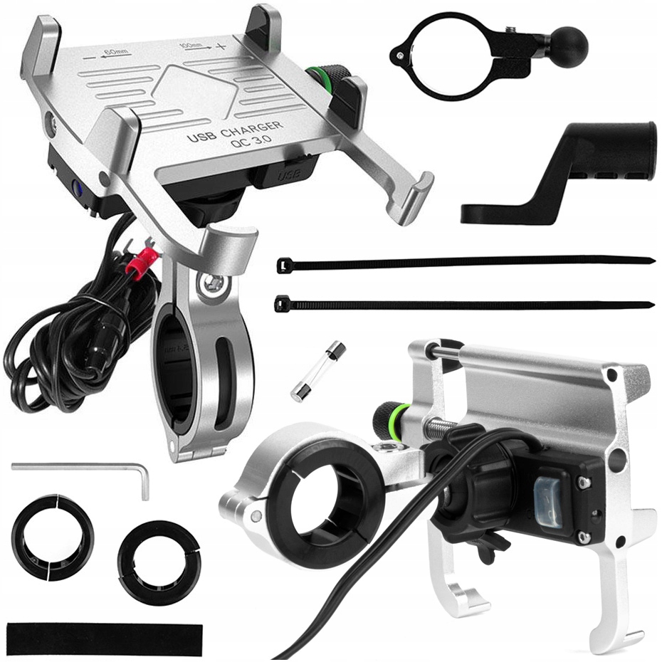 Uchwyt motocyklowy na telefon z ładowarką Usb szybkie ładowanie srebrny