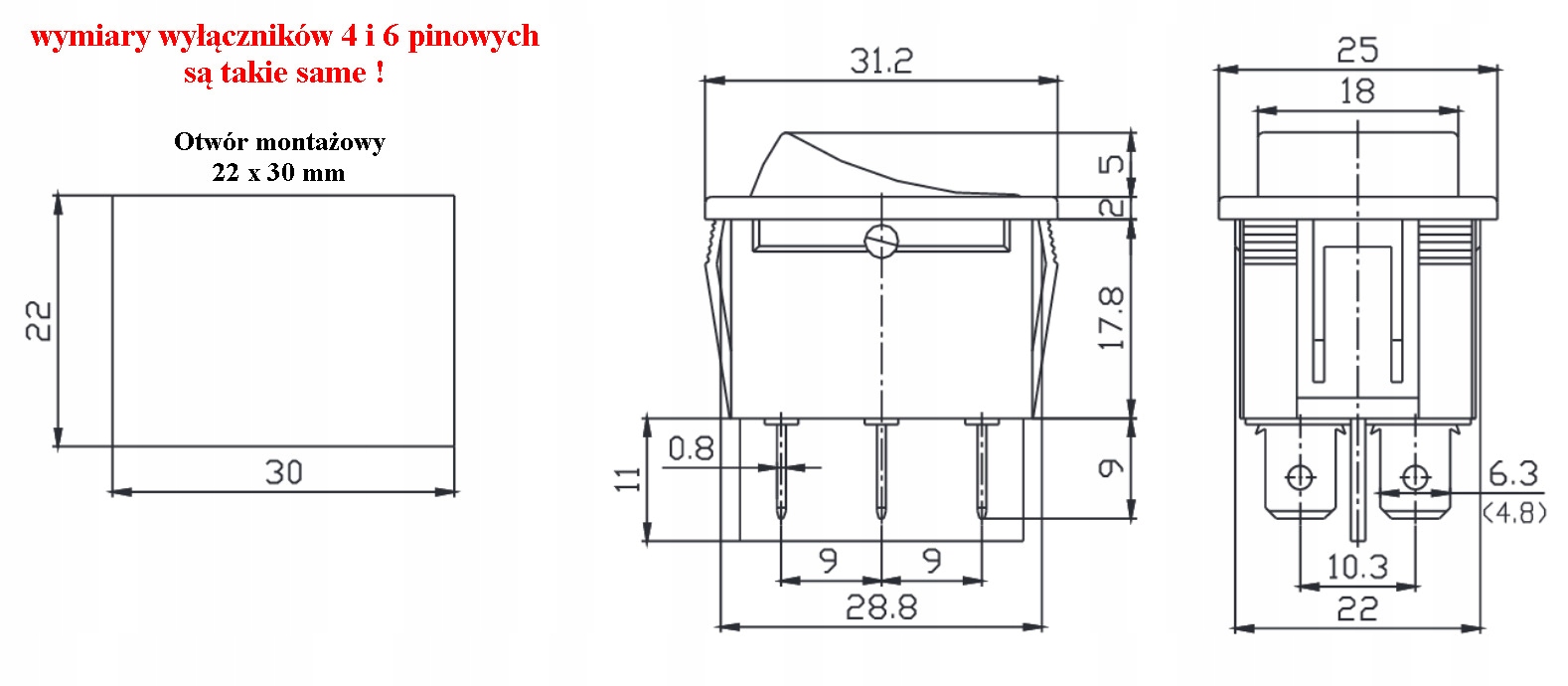 Wyłącznik włącznik do prostownika ładowarki spawarki MIG TIG MMA, 30A 4 PIN Model KCD 6