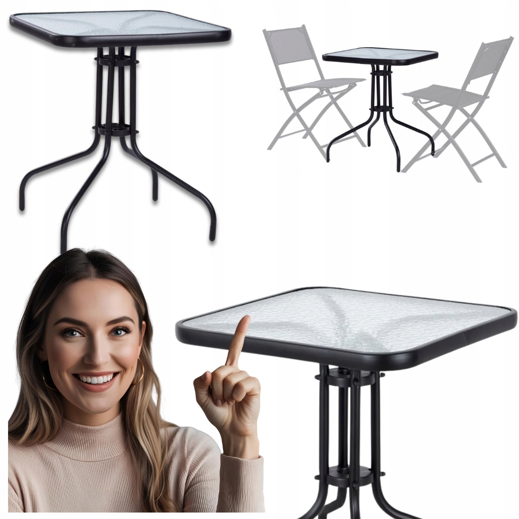Stół, Kwadratowy, Stolik Ogrodowy, Czarny, Szkło, 60cm, Taras, Balkon