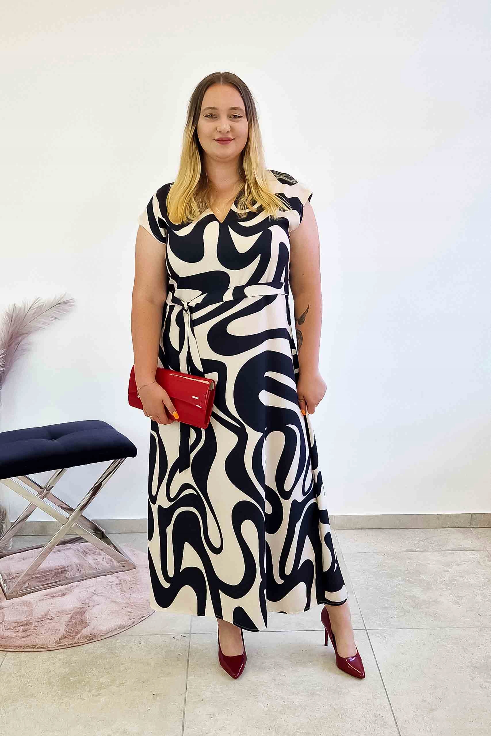 Elegantní dlouhé maxi Šaty s vlnkami, černo-béžové, 40