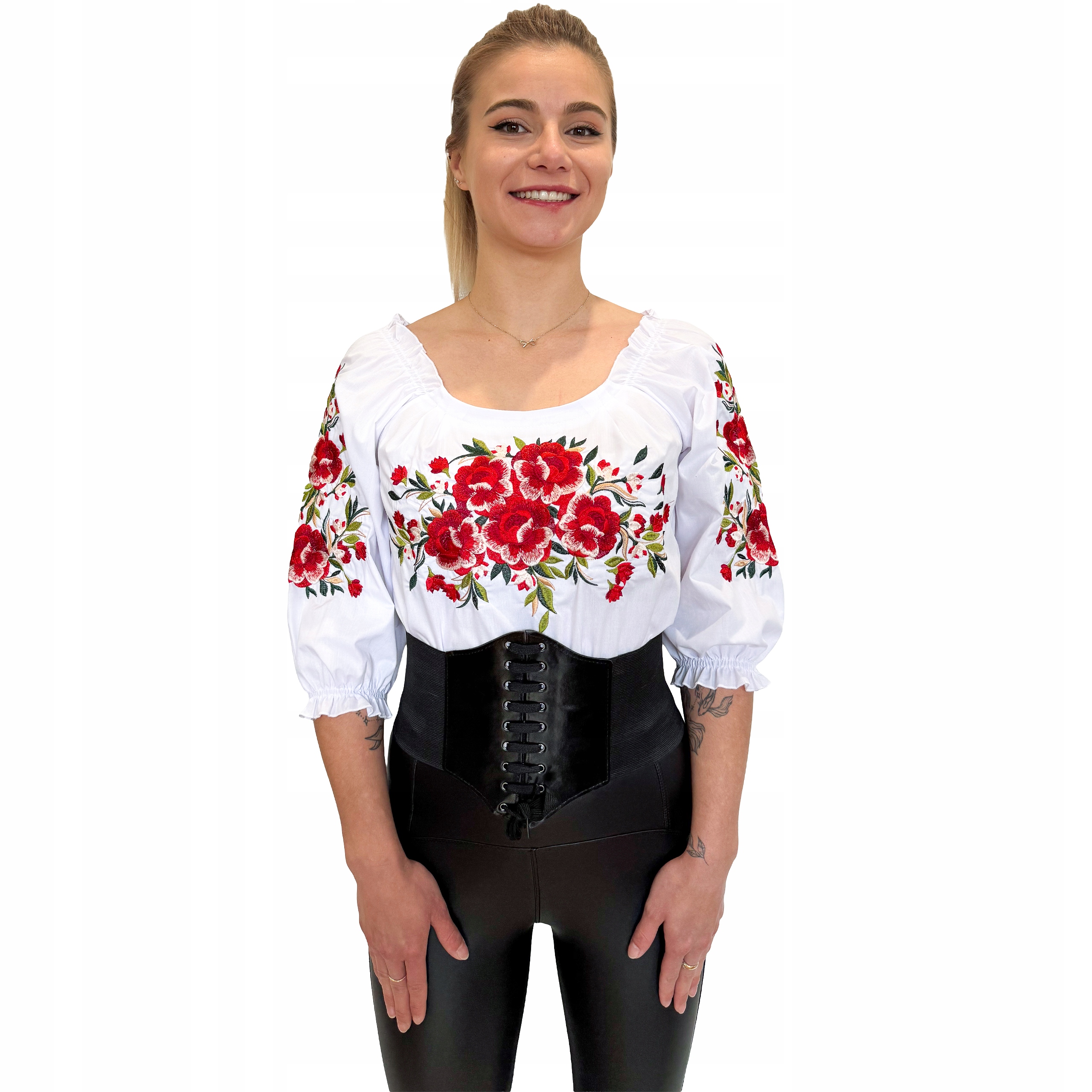 Bluzka hiszpanka damska Biała Bawełniana Rękaw 3/4 Ludowa Haftowana Roz. XL Rozmiar XL