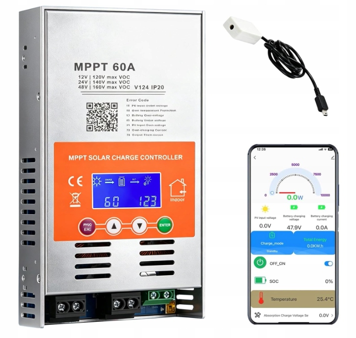 Regulator ładowania Mppt 60A 12V 24V 48V LCD WiFi