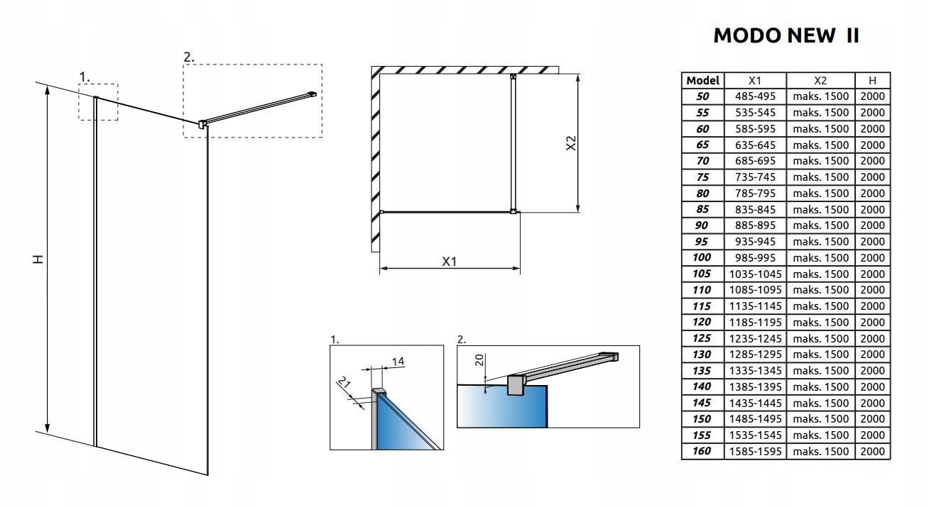 Kabina ścianka RADAWAY Modo New II 100x200 chrom Wysokość produktu 200 cm