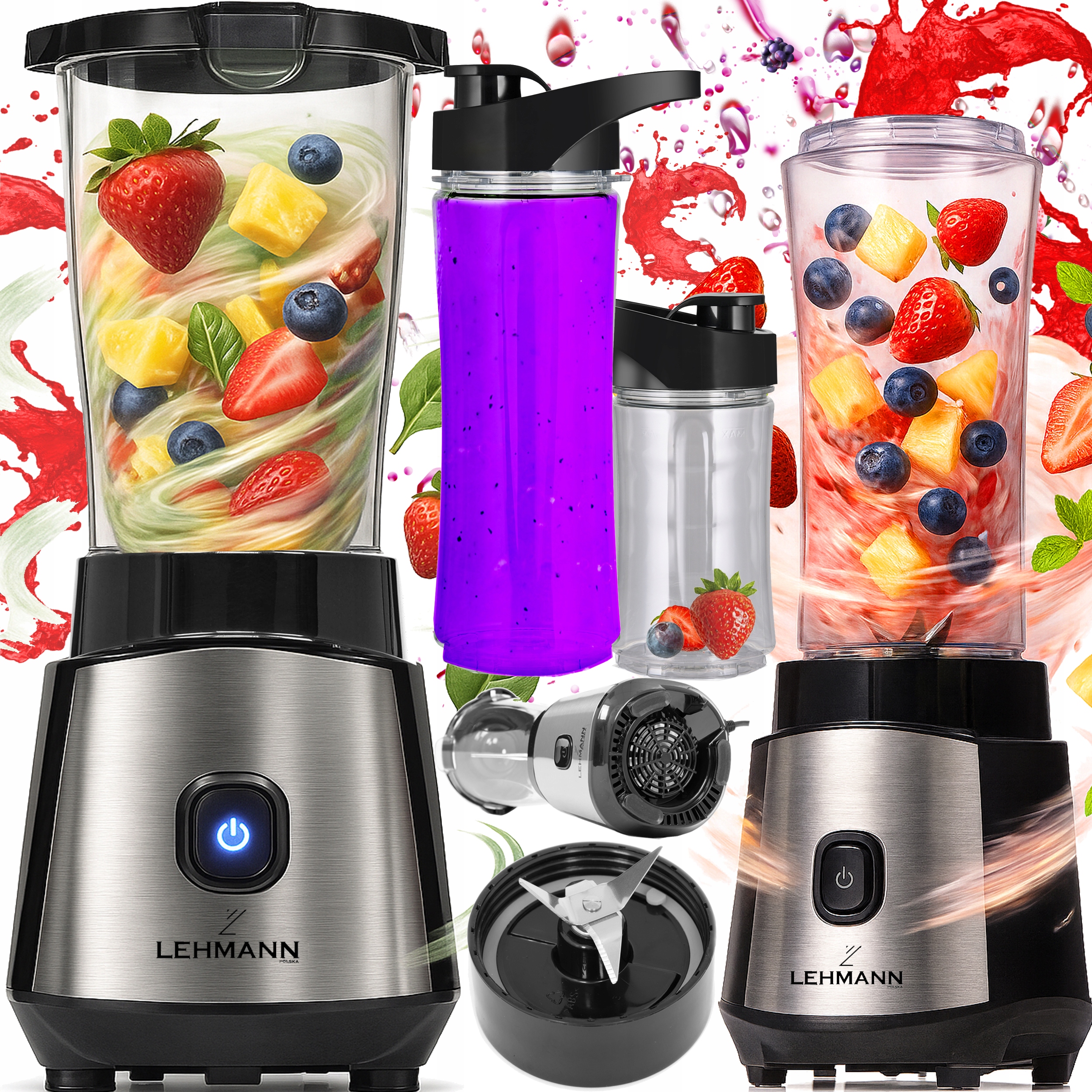 Blender Kielichowy Mikser Do Koktajli Smoothie Mocny Stalowy 2 Bidony Inox