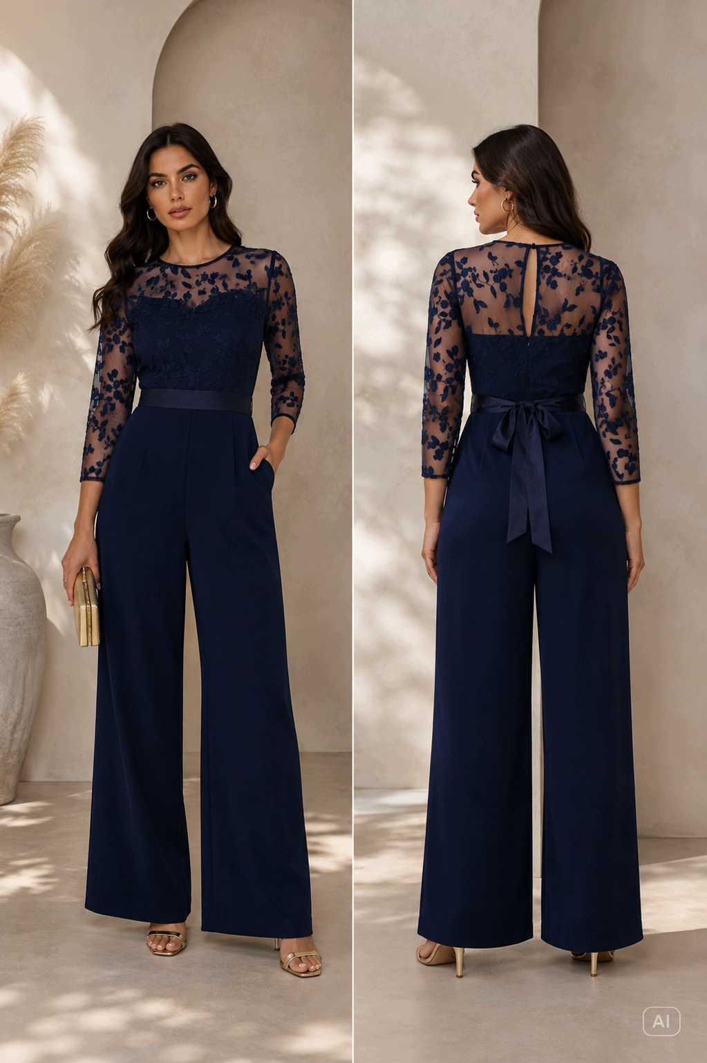 Elegantní Krajková Večerní Kombinéza Tmavě Modré Barvy Plus Size 46
