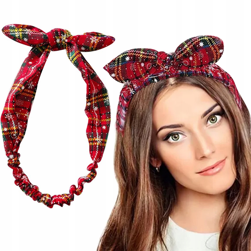 ŚWIĄTECZNA OPASKA KOKARDA W KRATKĘ OZDOBA DO WŁOSÓW NA GŁOWĘ ŚWIĘTA WYGODNA