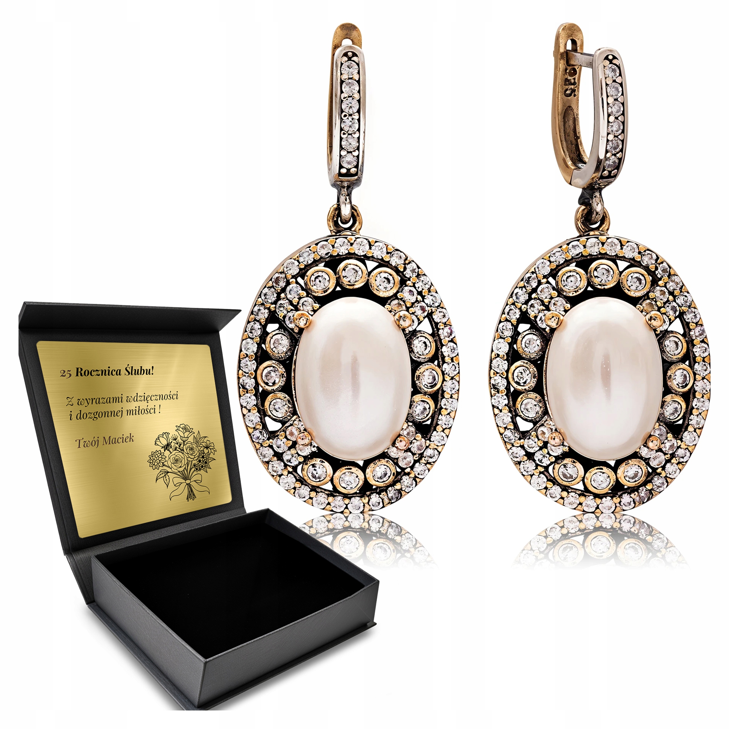 Stříbrné Náušnice 925 Zirkony Perla Dárek pro ženu Gravírování Bonus