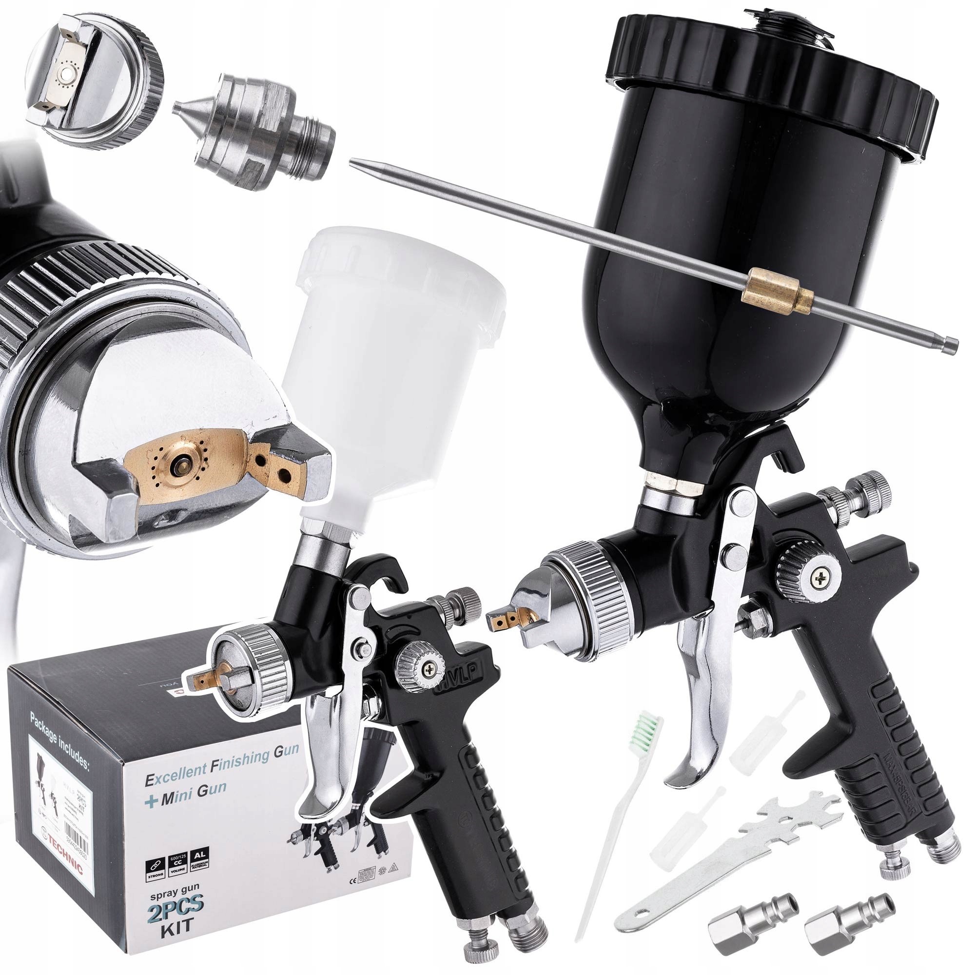 2x Lakovací pistole Sada trysek 0,8 1,4 1,7 Hvlp pro malování Black