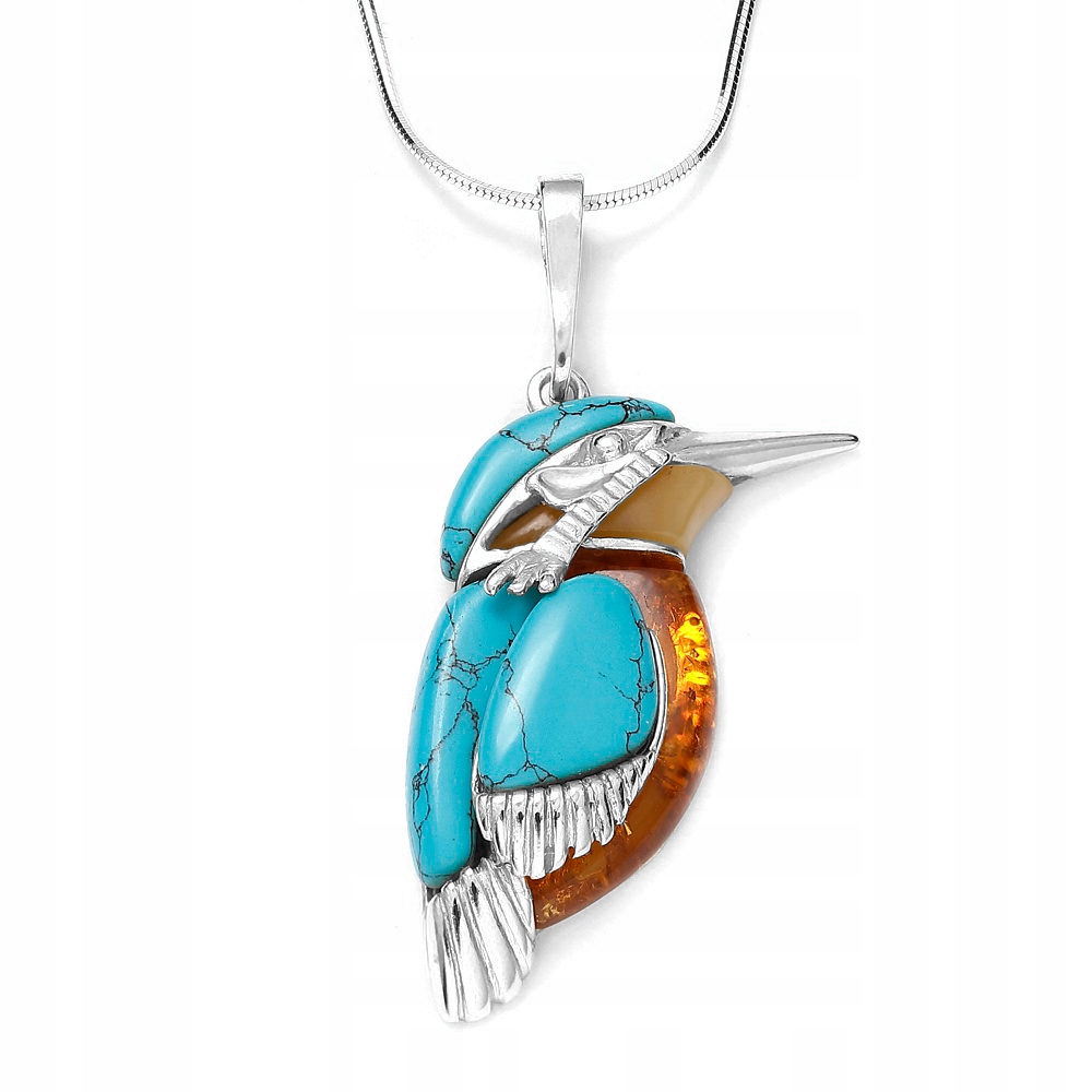 Stříbrný Přívěsek Ledňáček Jantar Tyrkys Ozdobný Závěs Na Dárek