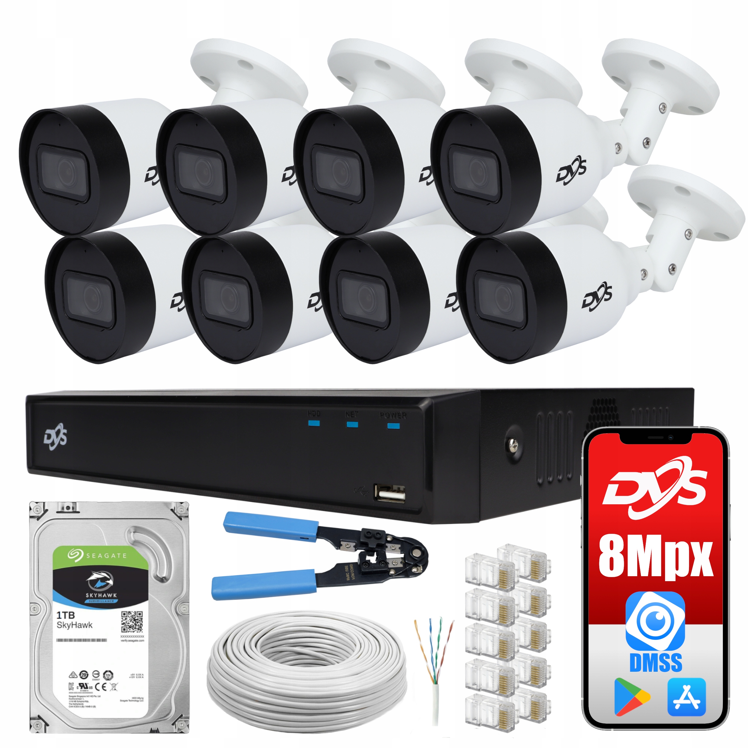 ZESTAW DO MONITORINGU DOMU 8 ZEWNĘTRZNE KAMERY IP POE 8Mpx MIKROFON 1TB DVS