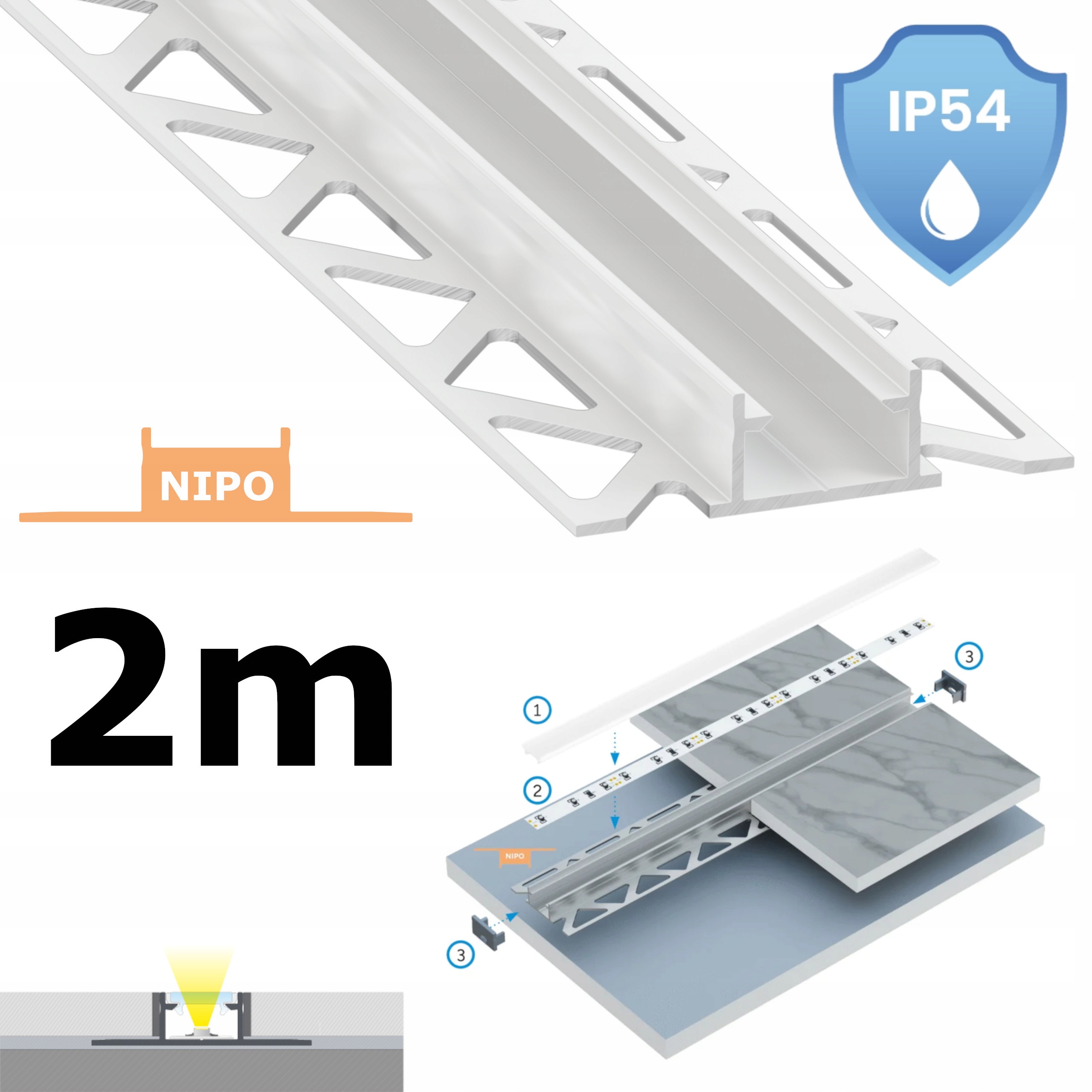 Led Profil Voděodolný Bílý IP54 Typ Nipo 2 M Pro Koupelnu, Fasádní Dlaždice