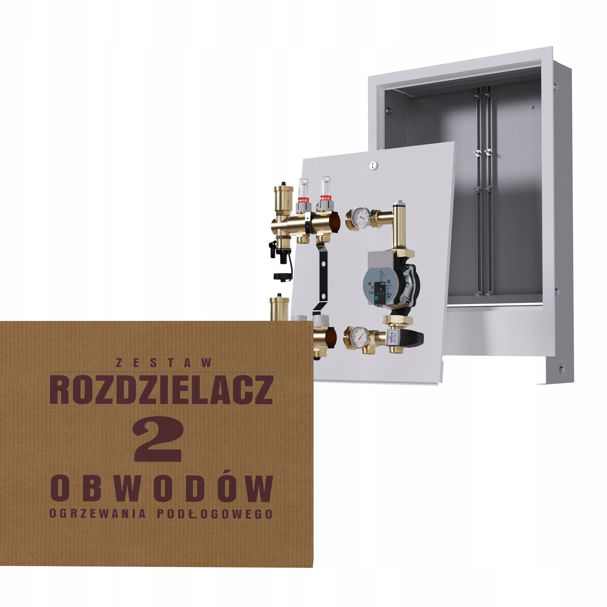 Rozdělovač pro podlahovou krytinu 2 okruhy se skupinou Wilo podomítková skříňka