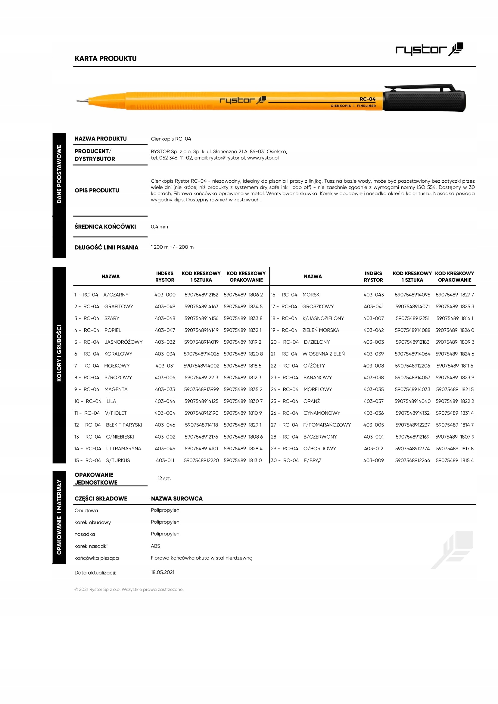 Cienkopis RYSTOR RC-04 mix 12 szt. Bohater / Bajka brak