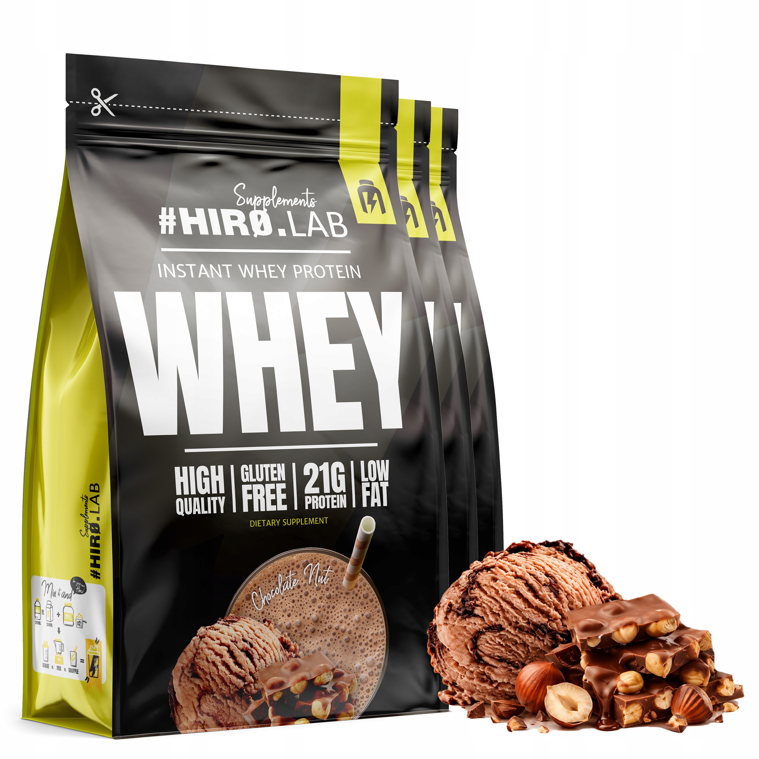 3x Wpc Instant Whey Protein syrovátkový 750 g Čokoláda Ořech Hiro
