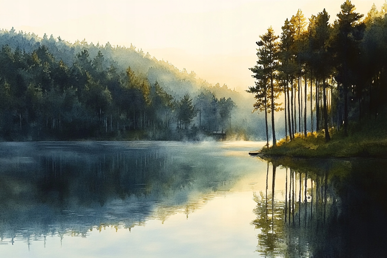 Fototapeta Flizelina Krajina Les Jezero Slunce Odraz Mlha 254x184 130g
