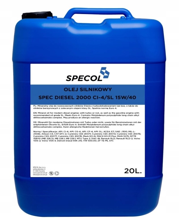 Specol Olej 15W40 20L Spec Diesel 2000 CI-4/SL 228.2 228.3 229.1 Man 3275