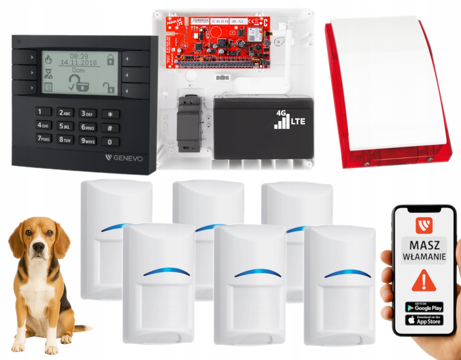 System Alarmowy Genevo PRiMA64LTE Gsm Panel LCD 6 Czujek Bosch Aplikacja