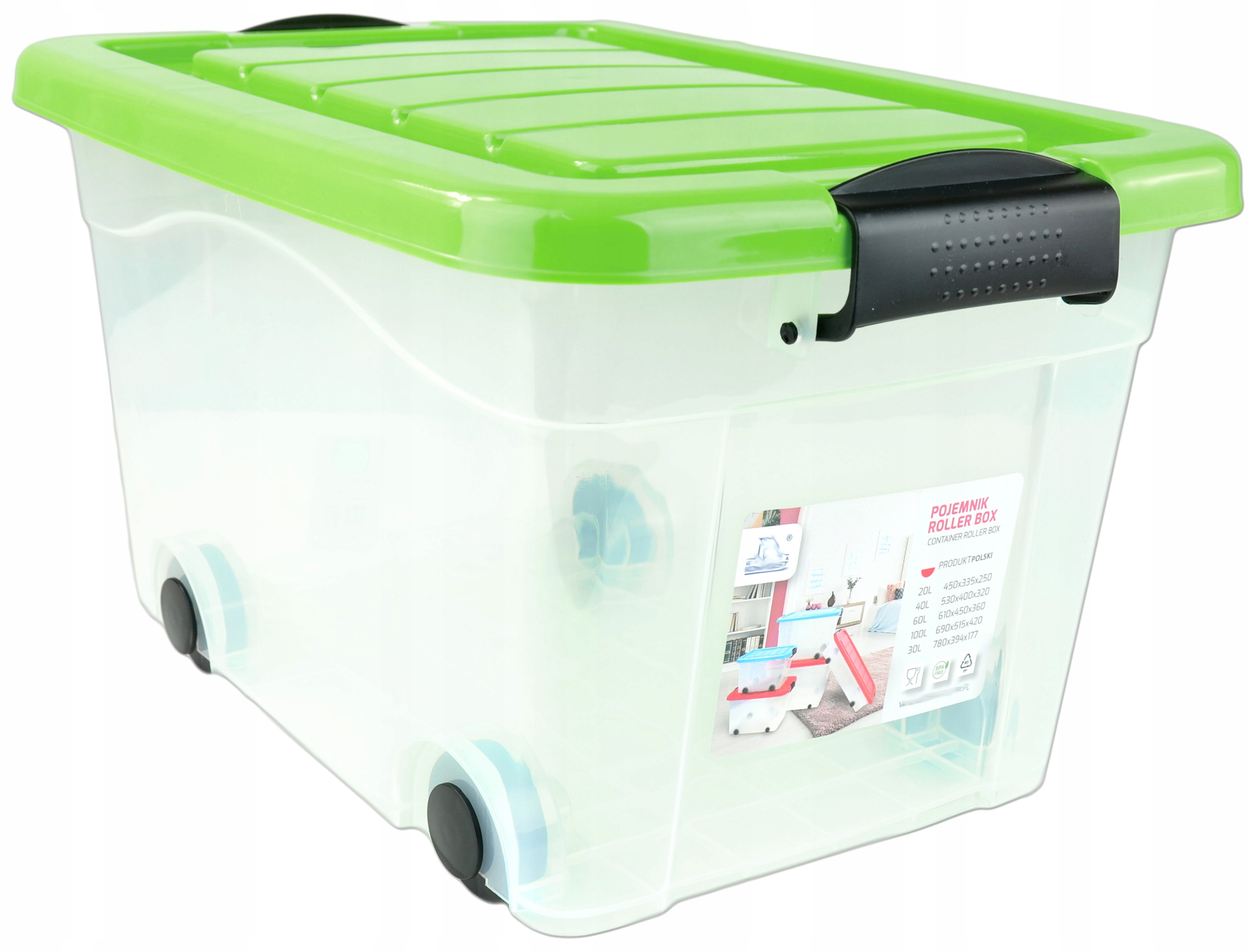 

Pojemnik Plastikowy z pokrywą kółkami 20L zielony