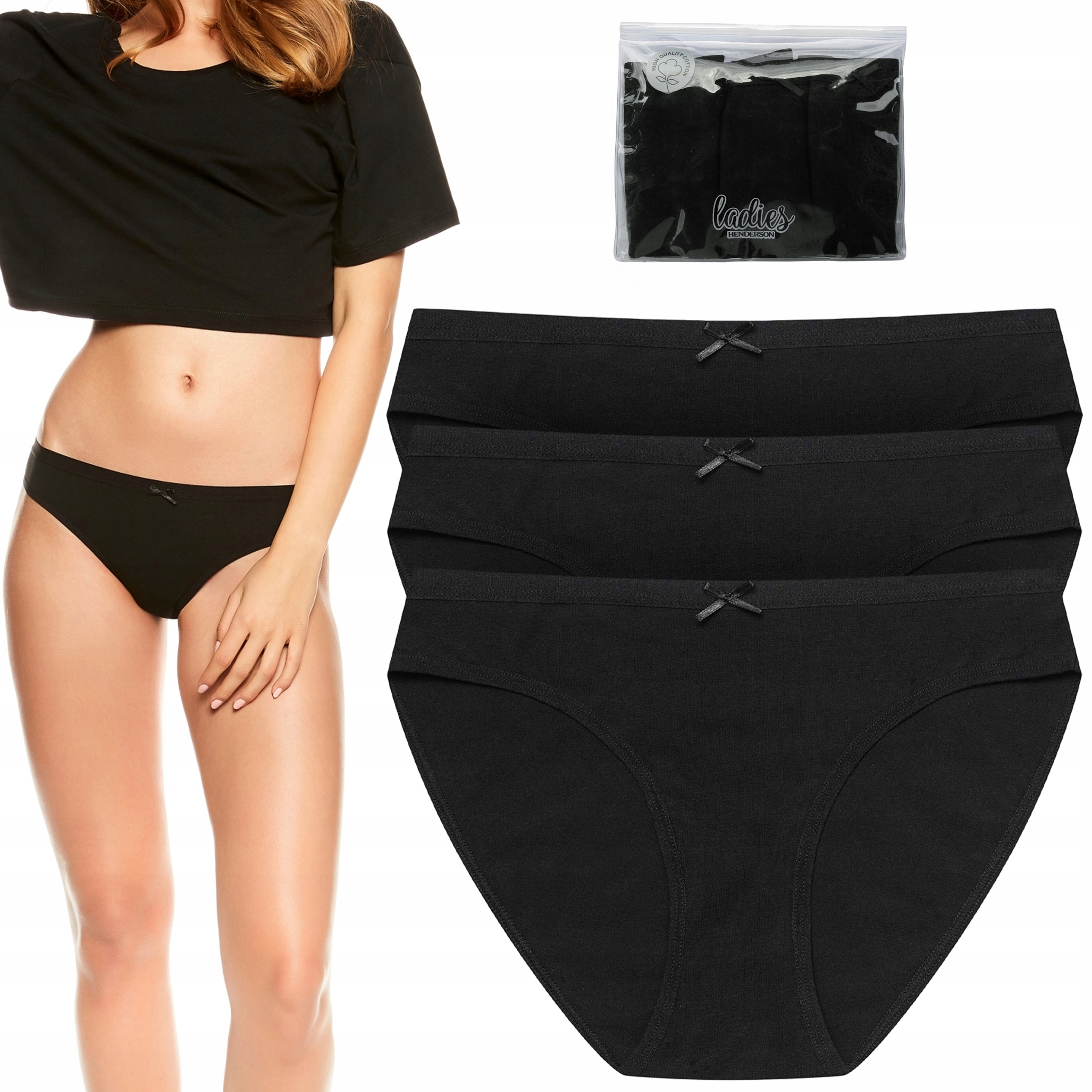 x3 Kalhotky Dámské Bikini Henderson 37270 Bavlněné kalhotky s mašličkou XL