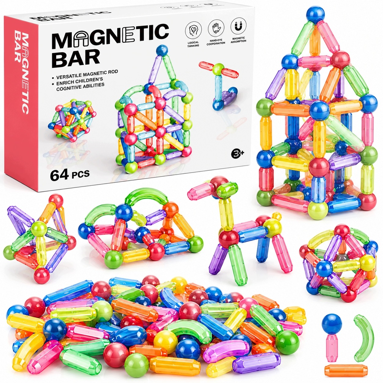 Klocki Magnetyczne 64 el. Patyczki Kulki Zestaw Konstrukcyjny Magnetyczny