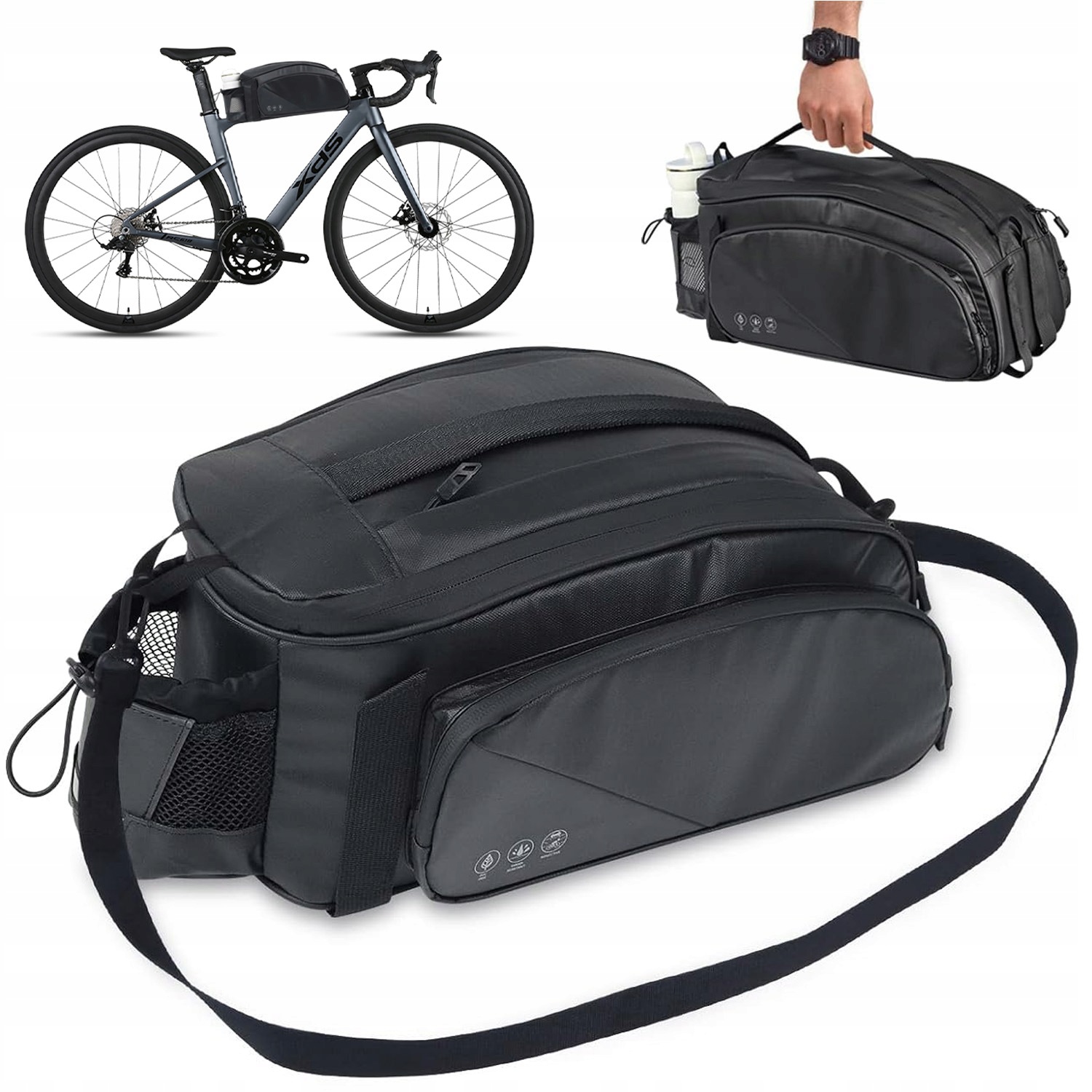 Torba Sakwa Rowerowa 12L Czarna Na Bagażnik Z Regulowanym Paskiem