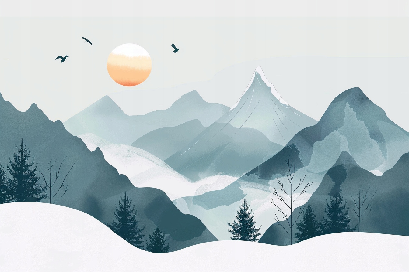 Obraz Na Plátně Canvas Krajina Grafika Hory Stromy Slunce 120x80