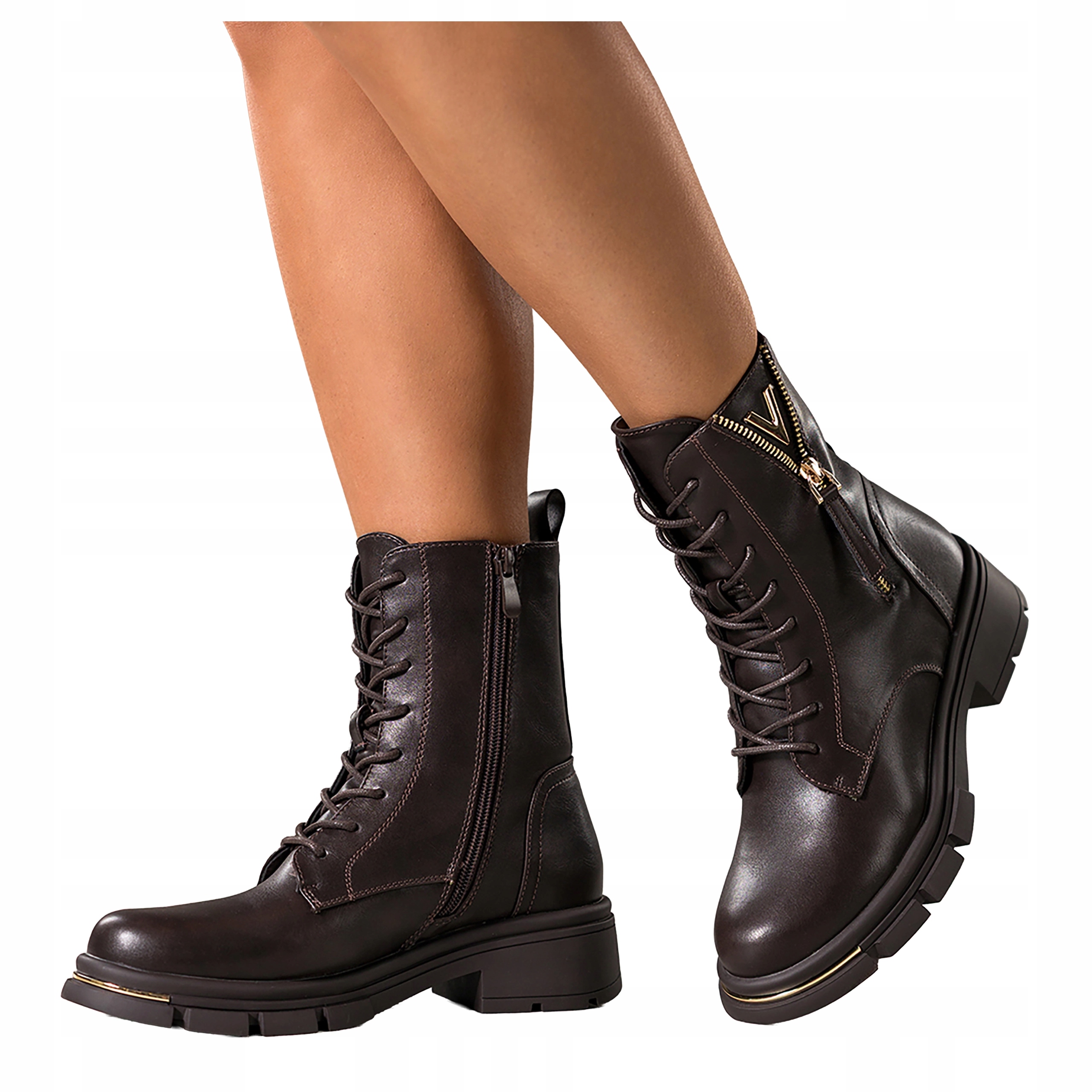 Čokoládové dámské kotníkové boty Šněrovací Zlatá Ozdoba Pohodlné Nízké Kostky vel. 37